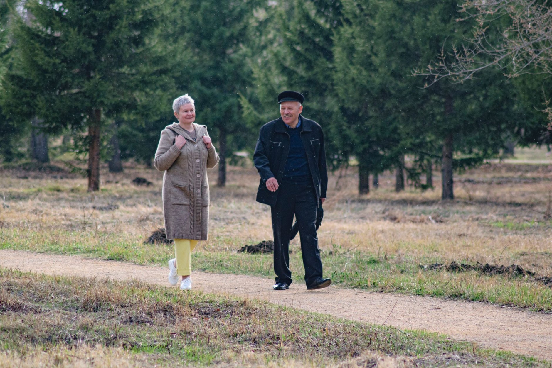 A retired couple walking arm in arm along a sunny street